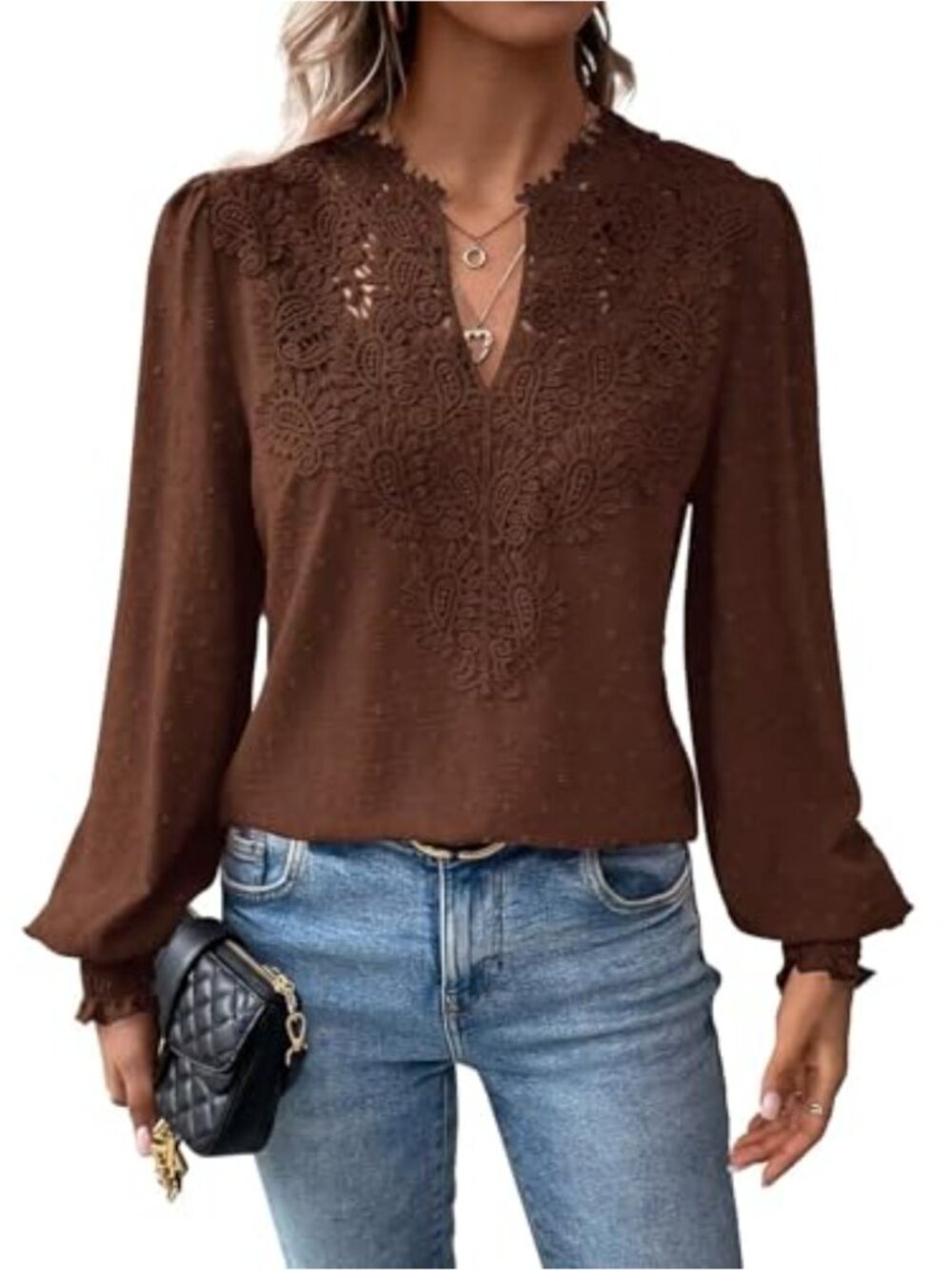 Women's Boho Flowy V Neck Long Sleeve Tunic Blouse with Crochet Lace Ruffled